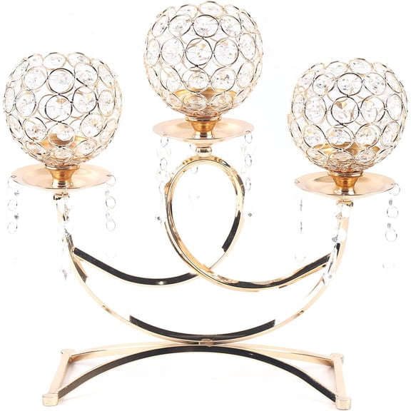 3 Arms Gold Crystal Candelabra with Crystal Tealight Bowls, Table Centerpiece Tea Light Candle Holder for Dining Room Living Room Coffee Table, Wedding Home Christmas Decor