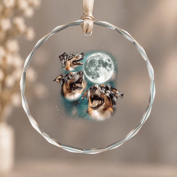 3 Australian Shepherds Moon Three Aussies Howling Dog Christmas Ornament, Pet Lover Holiday Gift, Circle Glass Ornament