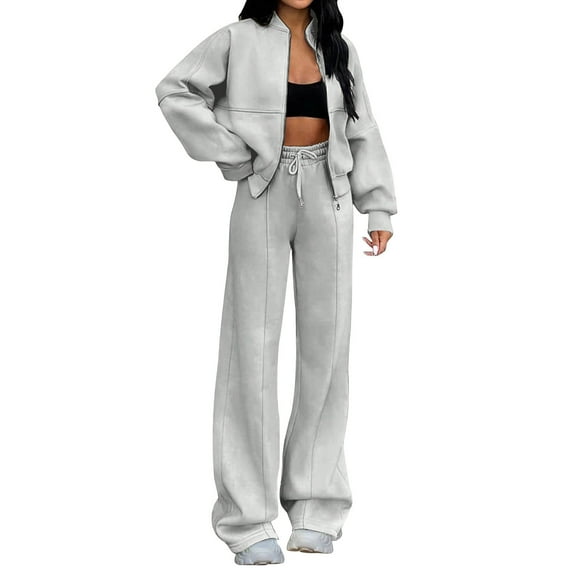 3. Autumn Women's French Terry Set: Long-Sleeve Crewneck & Wide-Leg Lounge Pants