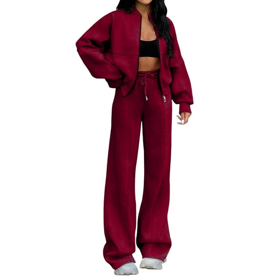 3. Autumn Women's French Terry Set: Long-Sleeve Crewneck & Wide-Leg Lounge Pants
