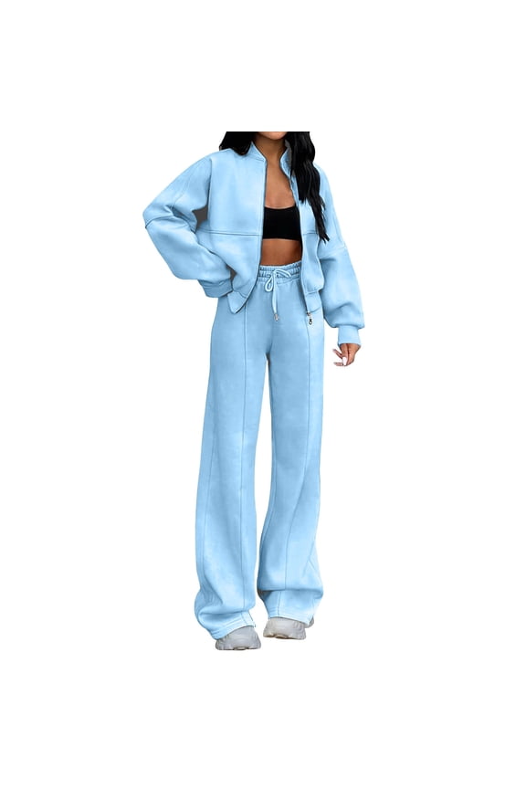 3. Autumn Women's French Terry Set: Long-Sleeve Crewneck & Wide-Leg Lounge Pants