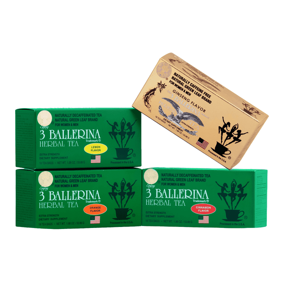 3 Ballerina Herbal Tea 4 Pack Flavor Sampler -Lemon,  Orange, Cinnamon, Ginseng (18 Tea Bags per flavor- 72 Tea Bags Total)