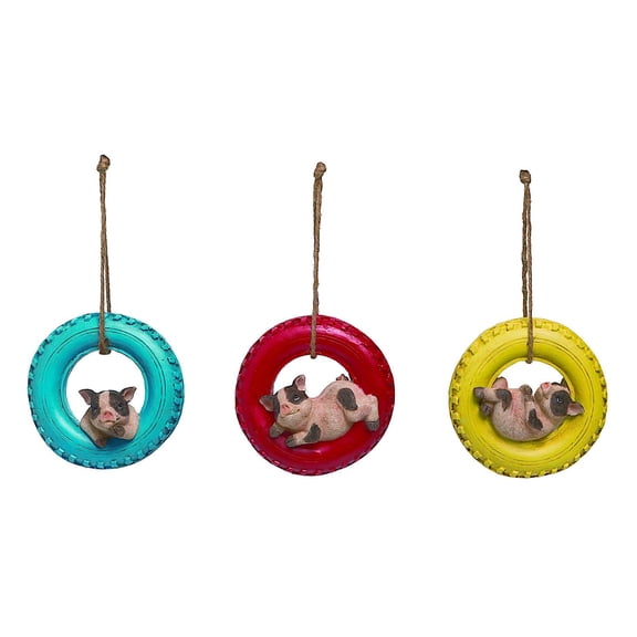 3 Baby Pigs Swinging On Tire Hanging Garden Lawn Outdoor Indoor Decor Ornaments Collectible Figurines