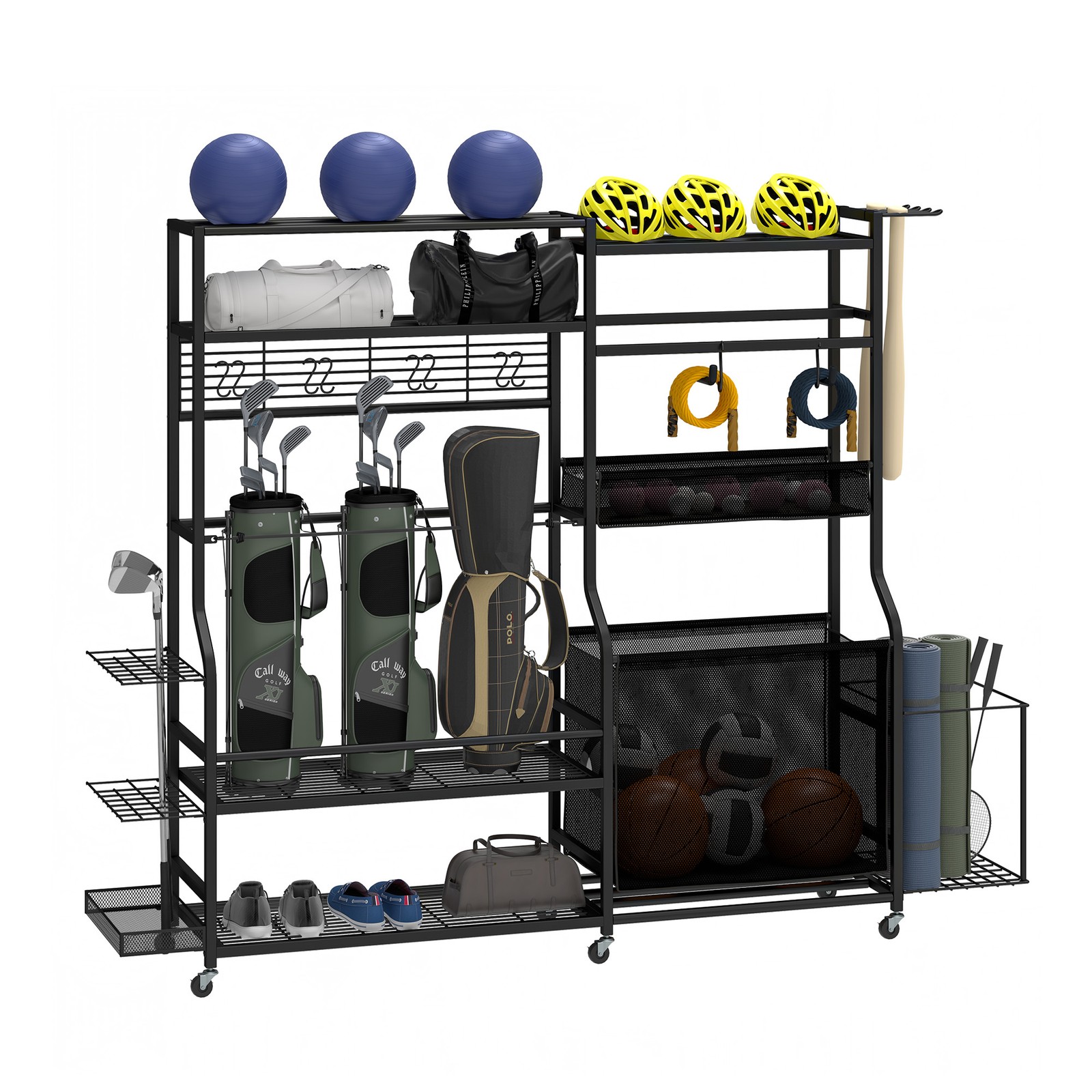 3-Bag Golf Organizer Rack with Wheels Sports Equipment Storage Stand ...