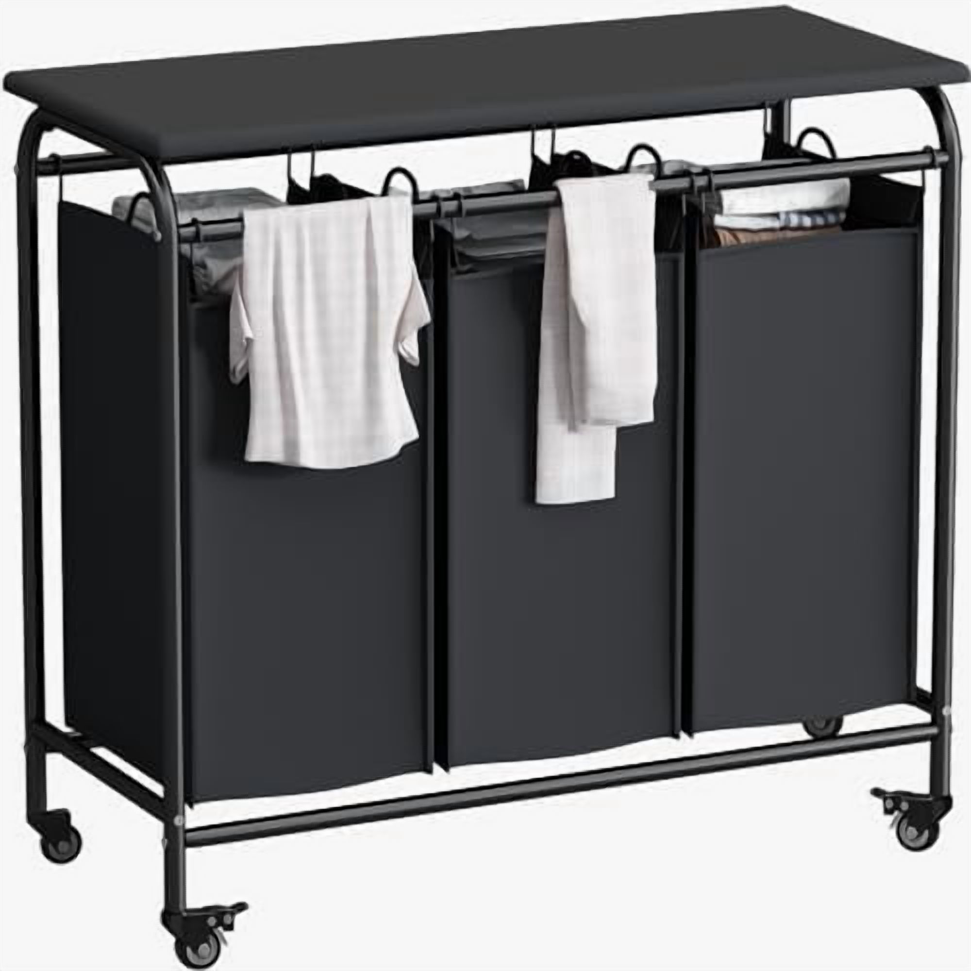 3 Bag Laundry Basket Sorter Heavy Duty Rolling Lockable Wheels Laundry Hamper Cart with Ironing Board and Removable Bags, Black