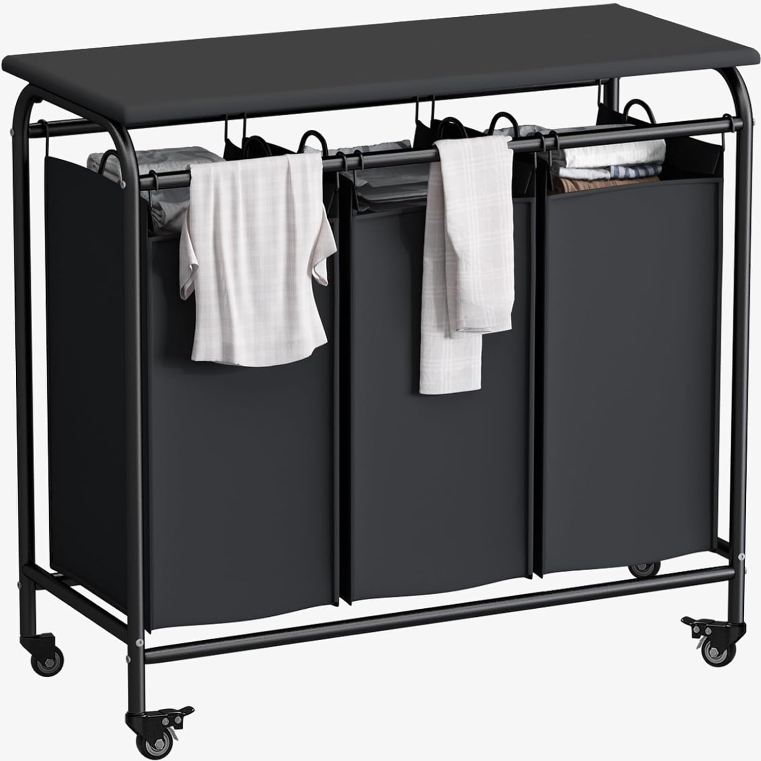 3 Bag Laundry Basket Sorter Heavy Duty Rolling Lockable Wheels Laundry Hamper Cart with Ironing Board and Removable Bags, Black