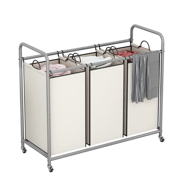 3-Bag Laundry Hamper, Black Laundry Basket, 35.6 Gal(135 L) Laundry Sorter Cart Laundry Room Organization with Heavy Duty Rolling Lockable Wheels and Removable Bags, Beige
