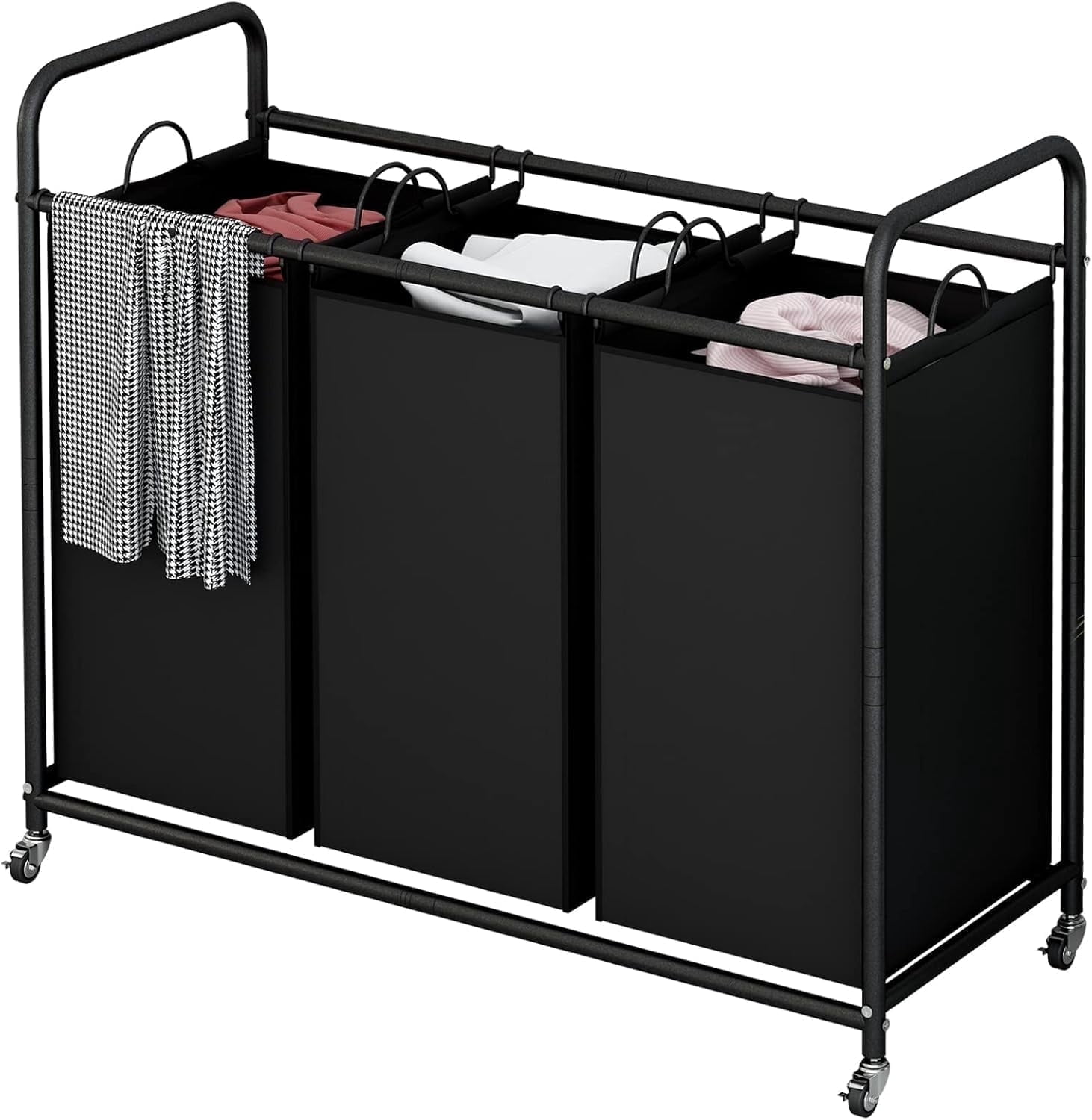 Seamika 3-Bag Laundry Sorter Cart with Wheels – Heavy Duty Rolling Hamper with Removable Bags for Laundry Room Organization (Black)