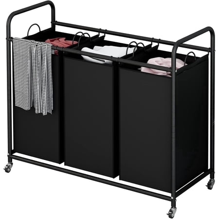 SUOERNUO 3-Bag Laundry Sorter Cart with Wheels – Heavy Duty Rolling Hamper with Removable Bags for Laundry Room Organization (Black)