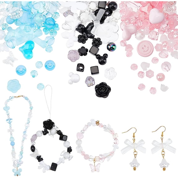 3 Bags 3 Colors Transparent & Opaque Resin Beads Flower & Faceted Round & Heart & Butterfly Mixed Shapes Mixed Color 8~30x7.5~34x5.5~10mm Hole: 1~4mm 48~78pcs/bag 1 bag/color
