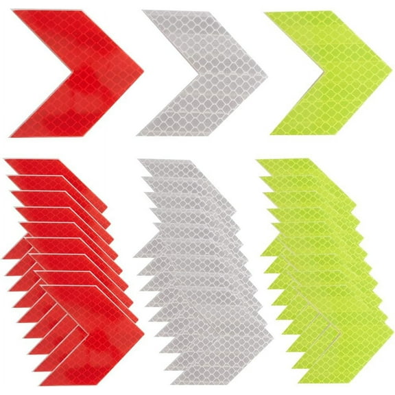 3 Bags 3 Colors Waterproof PVC Arrow Reflective Stickers Safety Caution Warning Sign Decals for Motorcycle Bicycles Helmets Mixed Color 61x60x0.5mm 10pcs/bag 1 bag/color