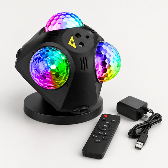 3-Ball RGB Disco Party Lights, Sound Activated with Remote Control, Indoor Outdoor Use