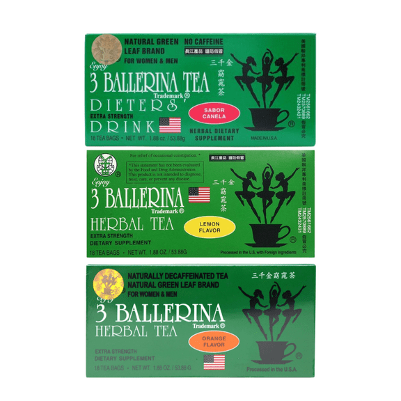 3 Ballerina Herbal Tea Men And Women Dieters' Drink Extra Strength Orange + Cinnamon + Lemon Flavor 18 Tea Variety Boxes