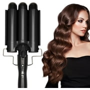 3 Barrel Hair Waver for Deep Beach Waves, 1.25 Inch (32mm) Ceramic Hair Crimper Tool with 2 Adjustable Temperatures, Fast Heating for All Hair Types, BLACK