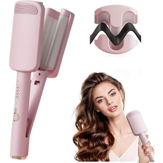 3 Barrel Hair Waver for Deep Beach Waves, Ceramic Hair Crimper Tool with 4 Adjustable Temperatures, Ionic Technology for Frizz Control & Fast Heating,pink