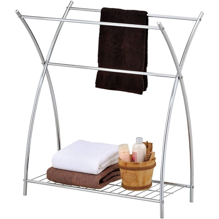 3 Bars Freestanding Silver Tone Towel Rack with Shelf, MyGift Bathroom Organizer