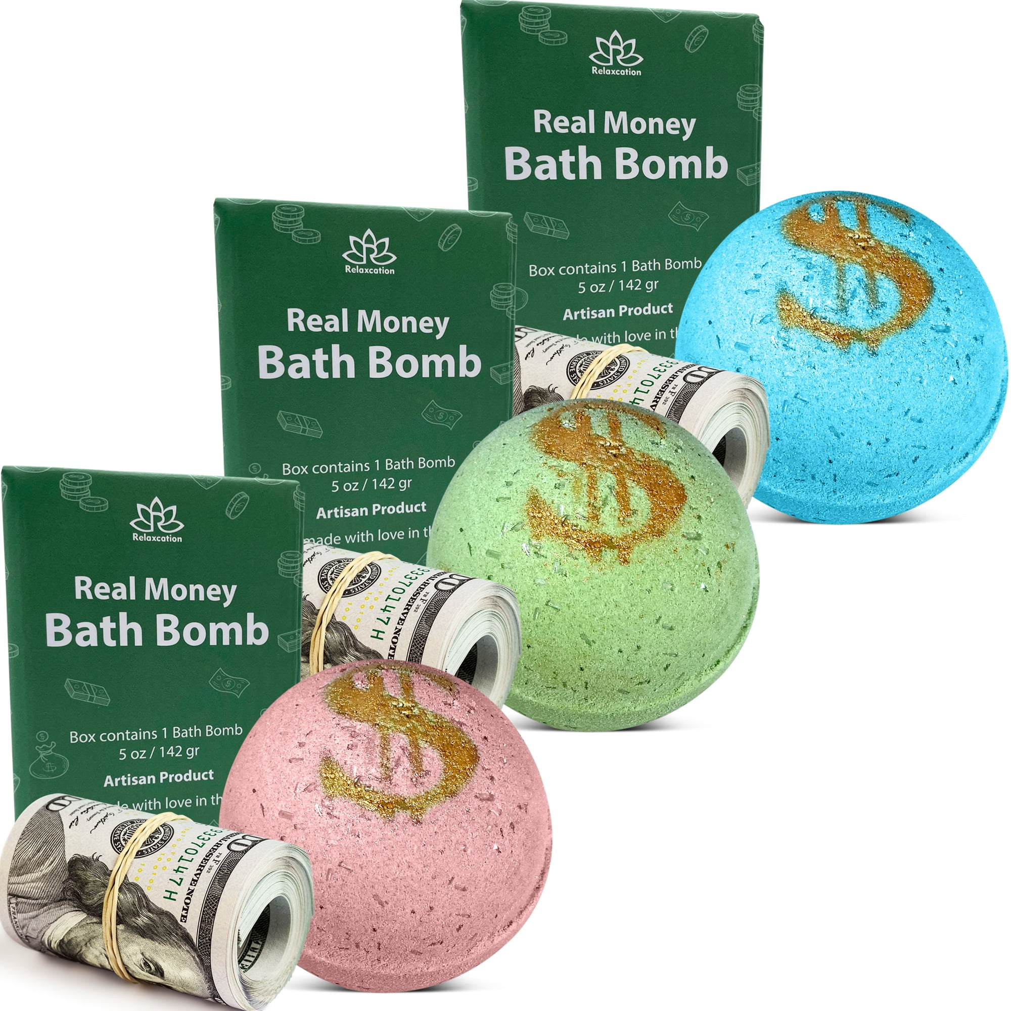Handmade in USA 3 Bath Bombs Set with Real Money Surprise for Kids