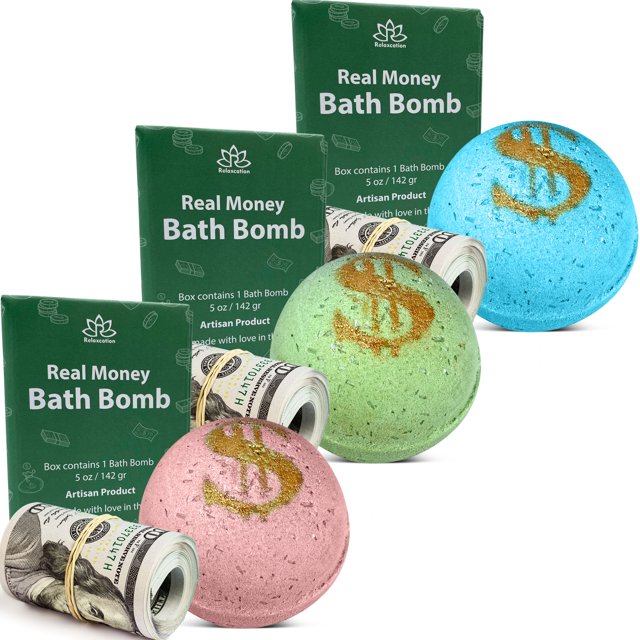 Handmade in USA 3 Bath Bombs Set with Real Money Surprise for Kids