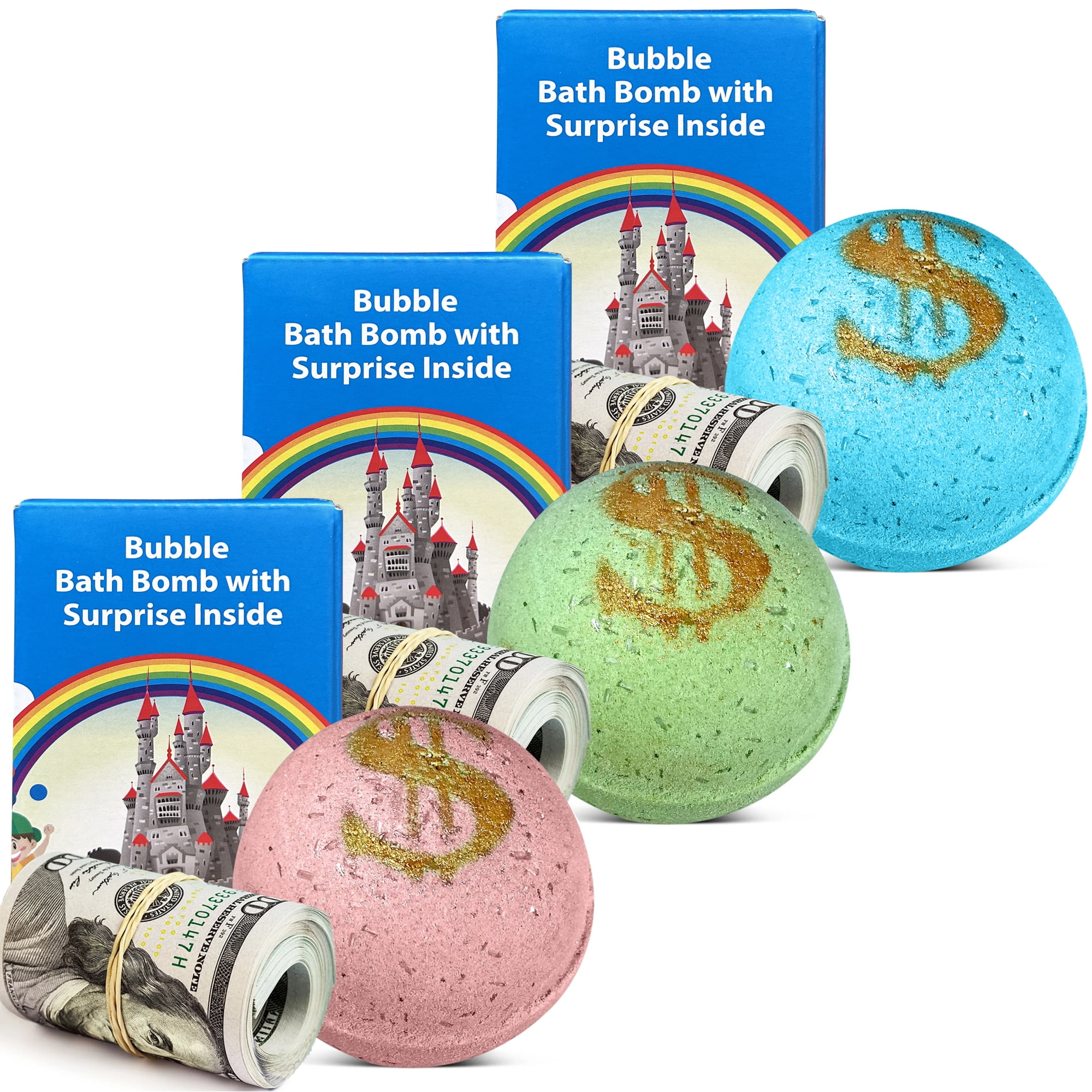 3 Bath Bombs Set with Money Surprise Inside - Gift Bill Up to $100 Bill in Each Bath Bomb - Handmade in USA