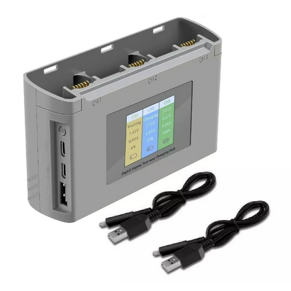 3-Battery Fast Charging Hub With LCD Display, Portable Power Bank For DJI Drone Models - Smart Sequential Charging Station Compatible With Mini 2, Mini 3 Pro, Air 2S, Mini SE, Mini 4K,Grey