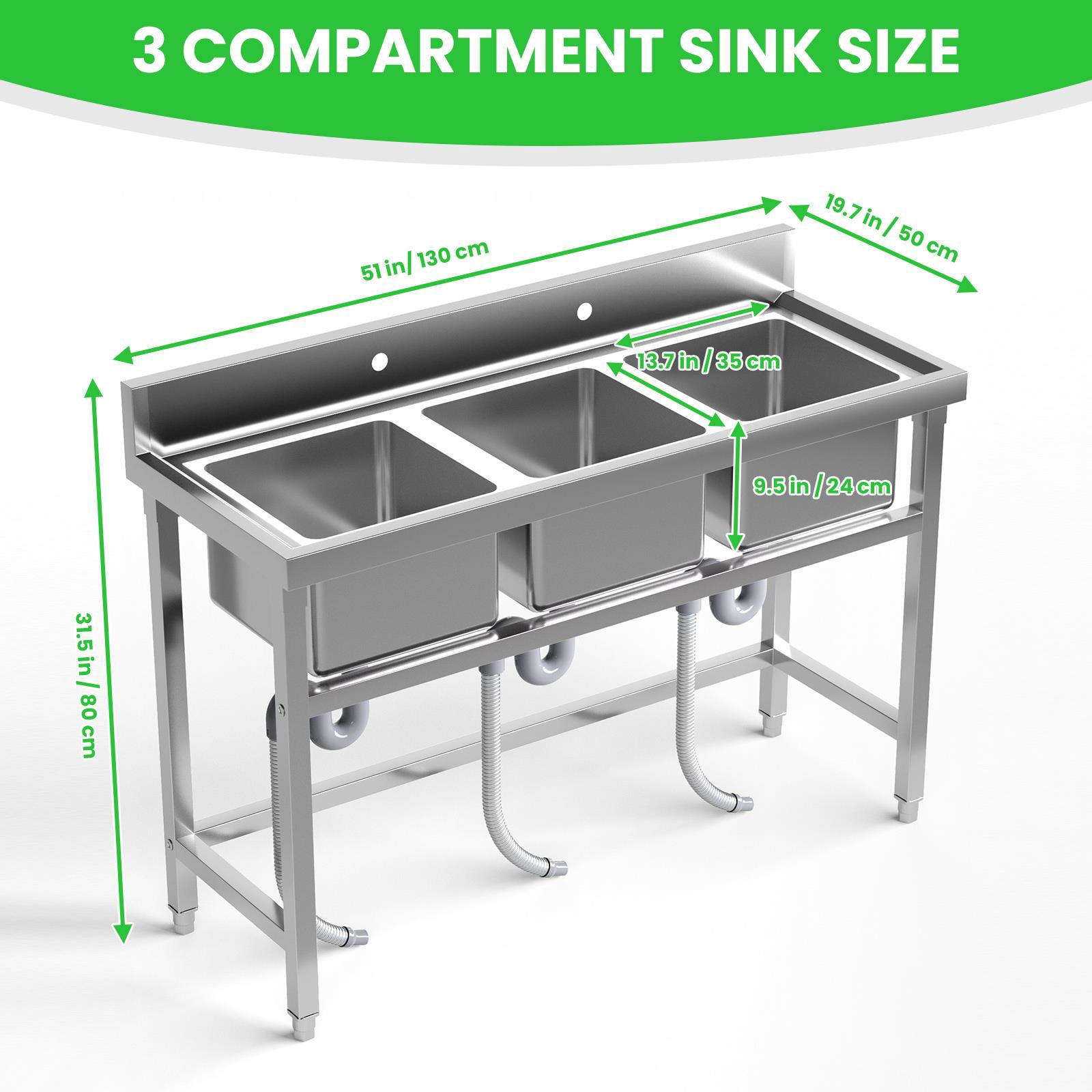 3-Bay Commercial Prep Sink Stainless Steel Utility Sink Free Standing Garage Sink Anti-Rust Heavy Duty Washing Sink 51" x 31.5" x 19.7" for Laundry Room, Backyard