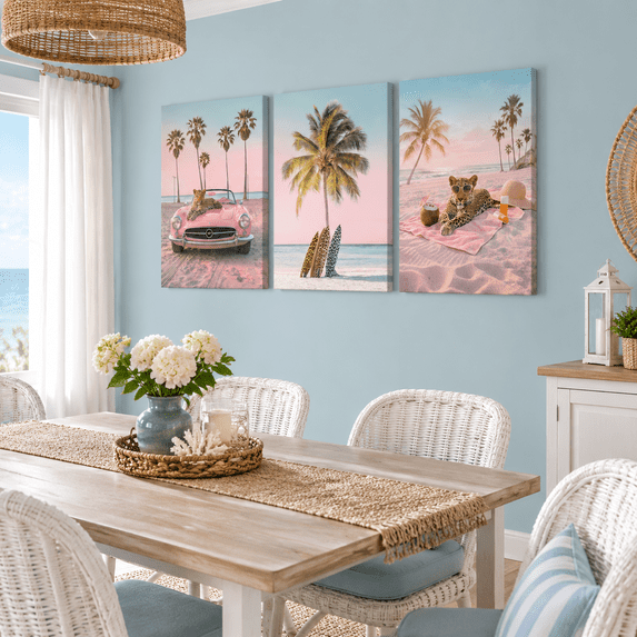3 Beach Leopard Wall Art Pink Summer Surfboard Prints Aesthetic Palm ...