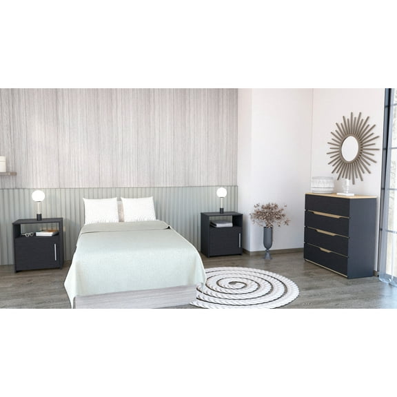3 Bedroom Including Dresser And 2 Nightstands. Black/ Oak Option. Intuitive Interlocking Feature For Easy Setup. Pre-drilled Holes Exact Fit. Detailed Assembly Instructions Supplied. Particle Board