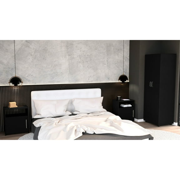 3 Bedroom Suite In Black: & 2 Nightstands. Easy Assembly Via Interlocking Feature. Pre-drilled Holes For Correct Alignment. Clear Directions. Particle Board. Full Bed. 19.25 In. Depth, 24.3 Width,