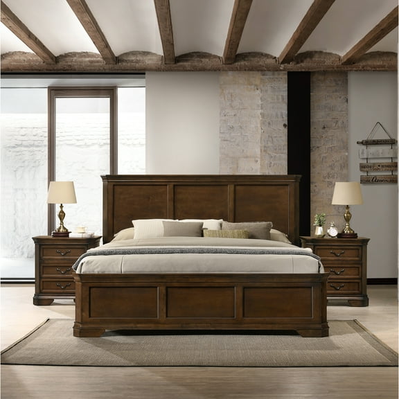 3 Bedroom - Traditional Style. King Bed With Nightstands. Antique Walnut. Solid Wood Frame. Spacious Storage. Furnishings 3 Pieces. Walnut Color. Construction. Headboard, , Rails. Nightstands