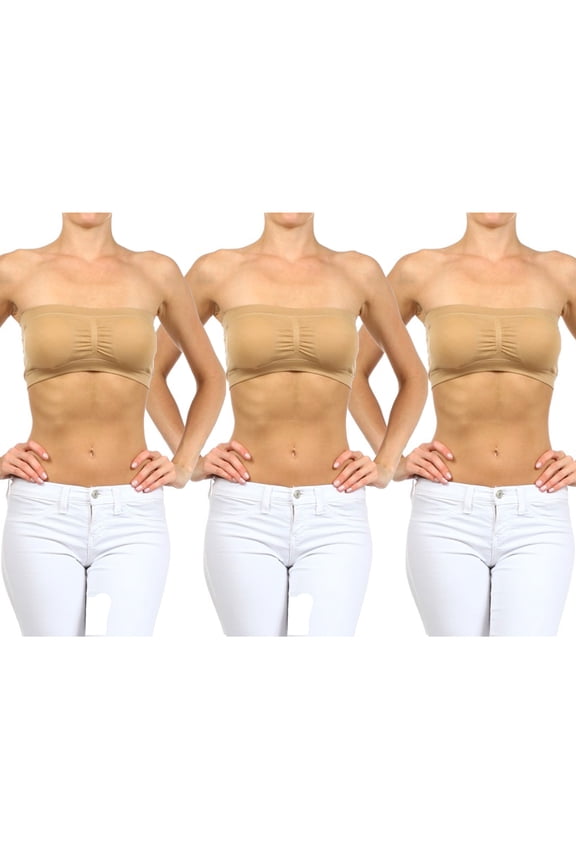 3 Beige Seamless Bandeau Bra Tube Crop Top Spandex Removable Pads Khaki One Size