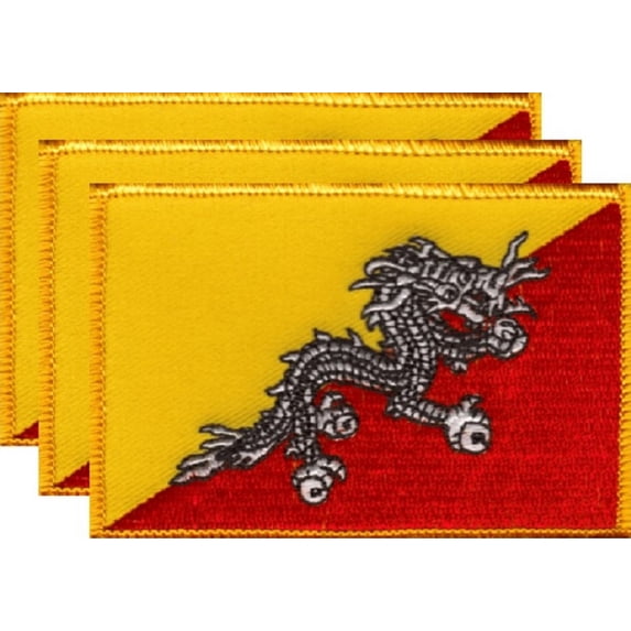 3 Bhutan Flag Patches, Embroidered Iron On or Sew On, Measures 3.50" x 2.25"