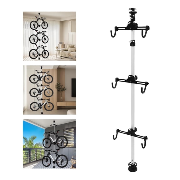 Bike Stand, 3 Bike Storage Rack Vertical Bracket for Bicycles, 360 Adjustable Hook Indoor Bike Storage Pole Stand for Garage Indoor Apartment