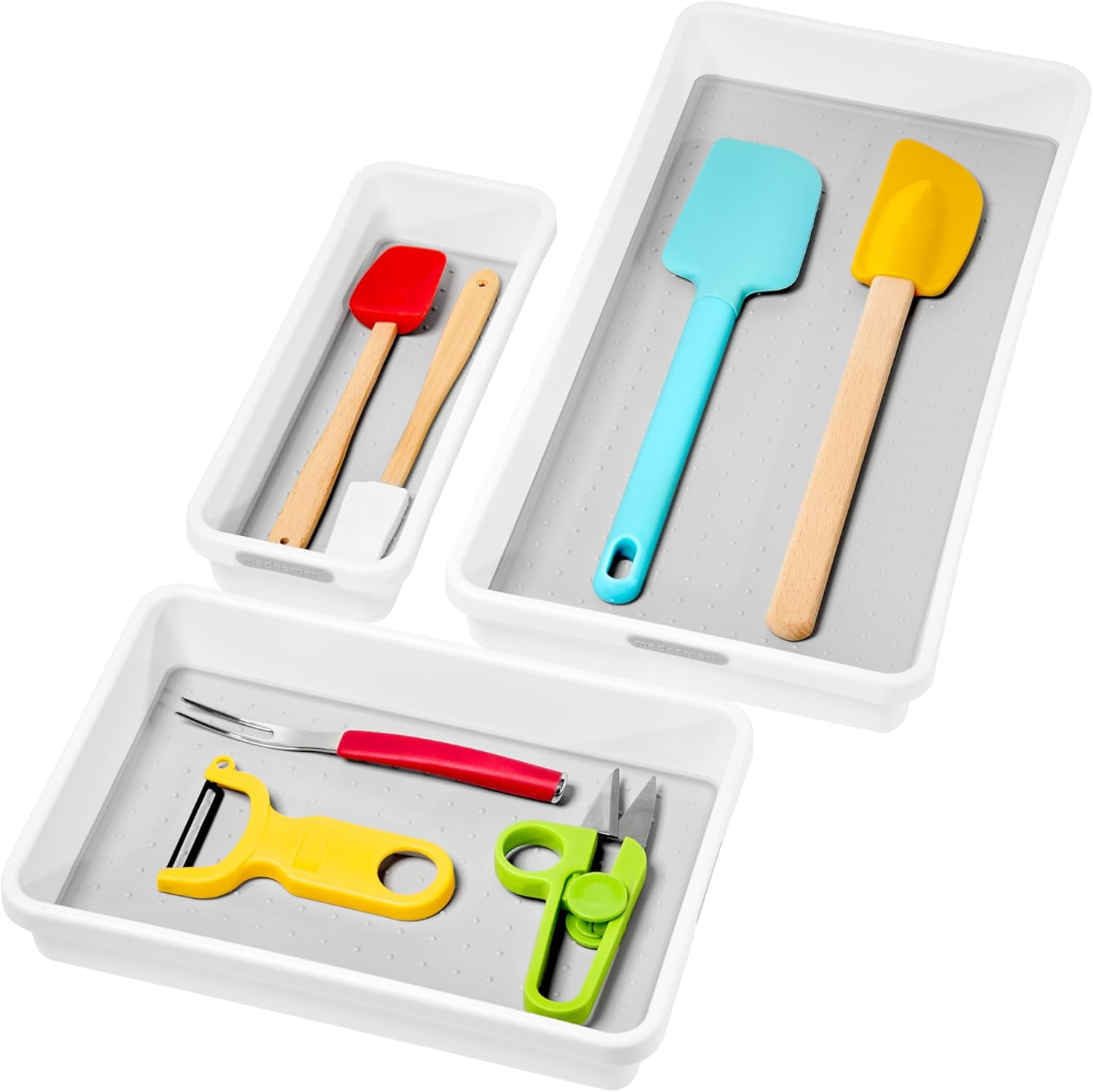 3 Bin Drawer Organizer Set, Multi Purpose Storage for Utensils, Office & Bathroom, Organizer for Cutlery, Peeling Tools, Spatulas, Soft Grip Lining, Durable & Easy to Clean, White