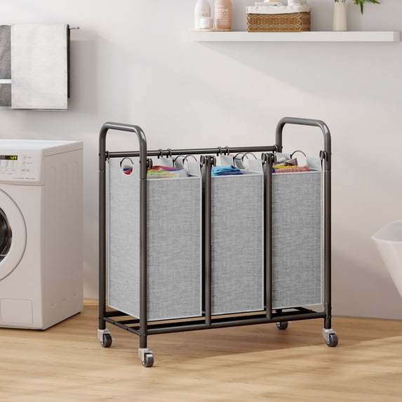 Gray 3-bin metal laundry hamper cart with wheels, Oxford fabric bags, 32.28 in L x 15.35 in W x 33.62 in H