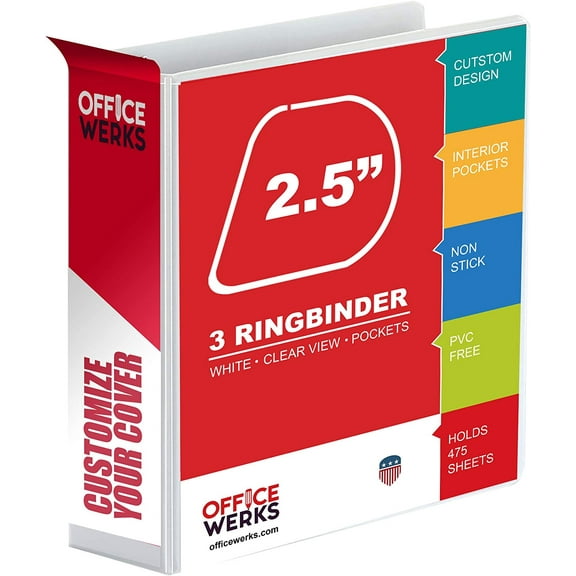 3 Binder, 2.5" Professional Angle D-s, Presentation Folder for Standard Pages with Inside Pockets, Customizable Clear View White Binder (3.2" Spine)