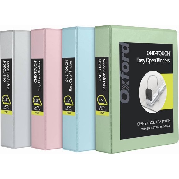 3 Binders, Binders for School, 1.5 Inch ONE-Touch Easy Open D s, 3-Sided View Binder Covers, Xtralife Hinge, Non-Stick, PVC-Free, Natural Pastels, 375-Sheet Capacity, 4 Pack (79918)
