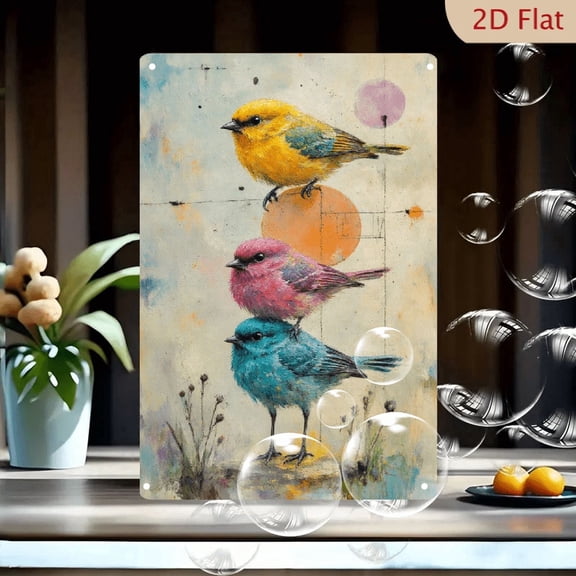 3 Birds Pyramid Stacked Art, Vertical Mixed Media Painting with Vibrant Yellow Pink Turquoise Feathers on Textured Canvas, Abstract Geometric Background, 8x12 Inches Metal Wall Decor for Living Room