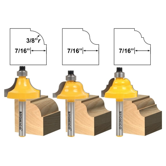 3 Bit Edge Molding Router Bit Set - Medium Designer - 1/4" Shank - Yonico 13321q