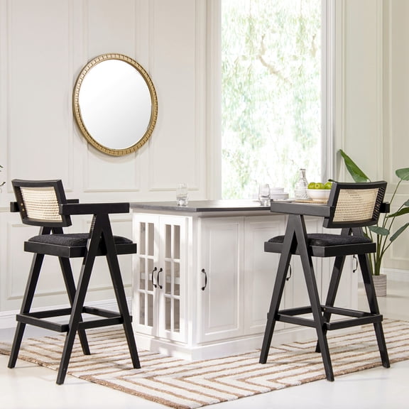 3 Black Boucle Bar Seating, Solid Frame, Resin Webbing Design / Tweed Faux-Sherpa Texture