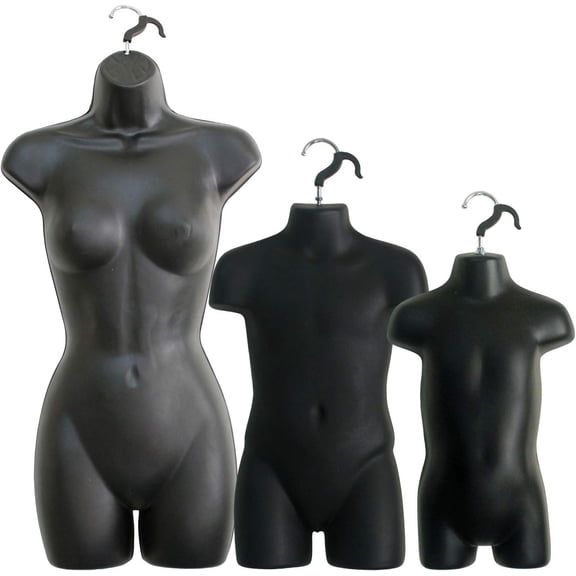 3 Black Mannequin Forms - Female Child & Toddler Torso Set & Hanging Hook, S-M Sizes