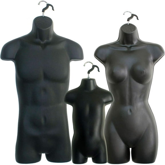 3 Black Mannequin Forms - Male Female & Toddler Torso Set & Hanging Hook, S-M Sizes