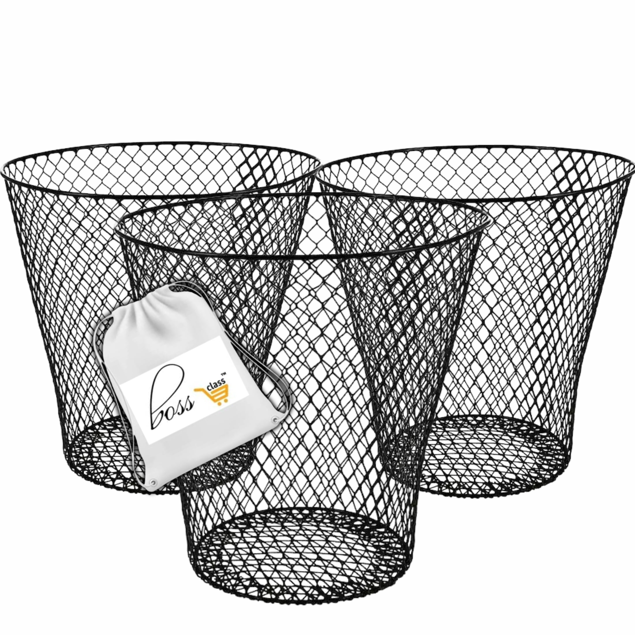 OfficePro 3Pack Black Wastebaskets 9in Wire Mesh, Lightweight Trash Cans for Office, Home