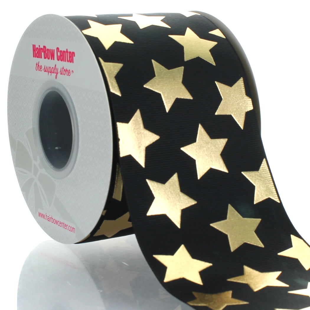 3" Black w/ Gold Foil Stars Cheer Grosgrain Ribbon 25 Yard