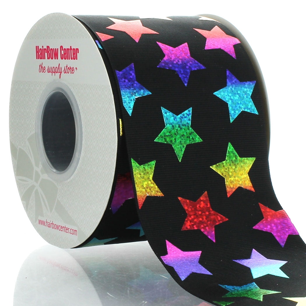 3" Black w/ Ombre Holographic Rainbow Stars Cheer Grosgrain Ribbon 100 Yard