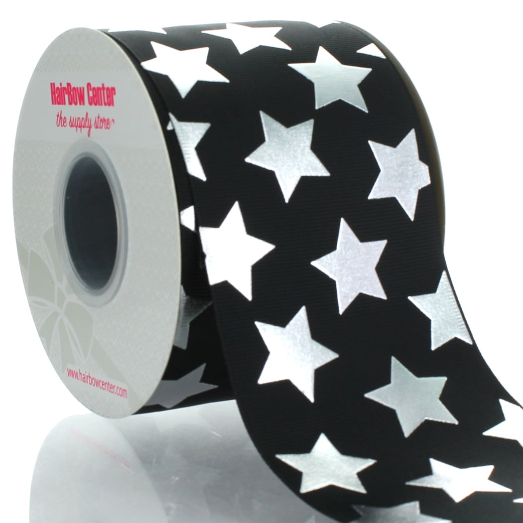 3" Black w/ Silver Foil Stars Cheer Grosgrain Ribbon 100 Yard