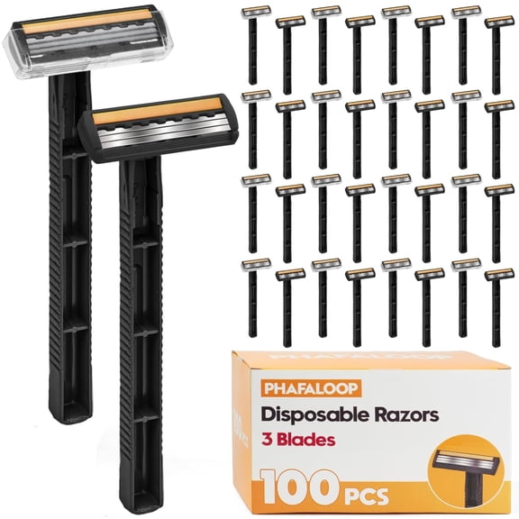 3-Blade Disposle Razors for Men & Women  100 Pack Bulk Stainless Steel Shavers with Lubricating Strip & Safety Cap, Non-Slip Handle for Sensitive Skin, Travel, Hotel, Charity (Black)