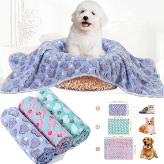 3 Blankets Super Soft Fluffy Premium Fleece Pet Blanket Flannel Throw for Dog Puppy Cat Paw Blue/Pink/Green (24x16,21x30,30x41inch)