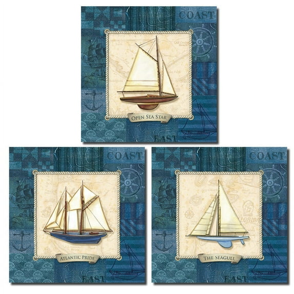 3 Blue Sailboat Art Prints Sailing Themed Nautical Ocean Decor; Three 8X8in Mounted Prints; Ready to hang!