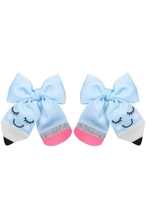 3" Blue to School Pencil Bow Clips for Teen Girls Student | Everyday Pigtail Bows,Easy to Clip in,Birthday ,Stylish for of School Party Dress Decor Uniform Accessories