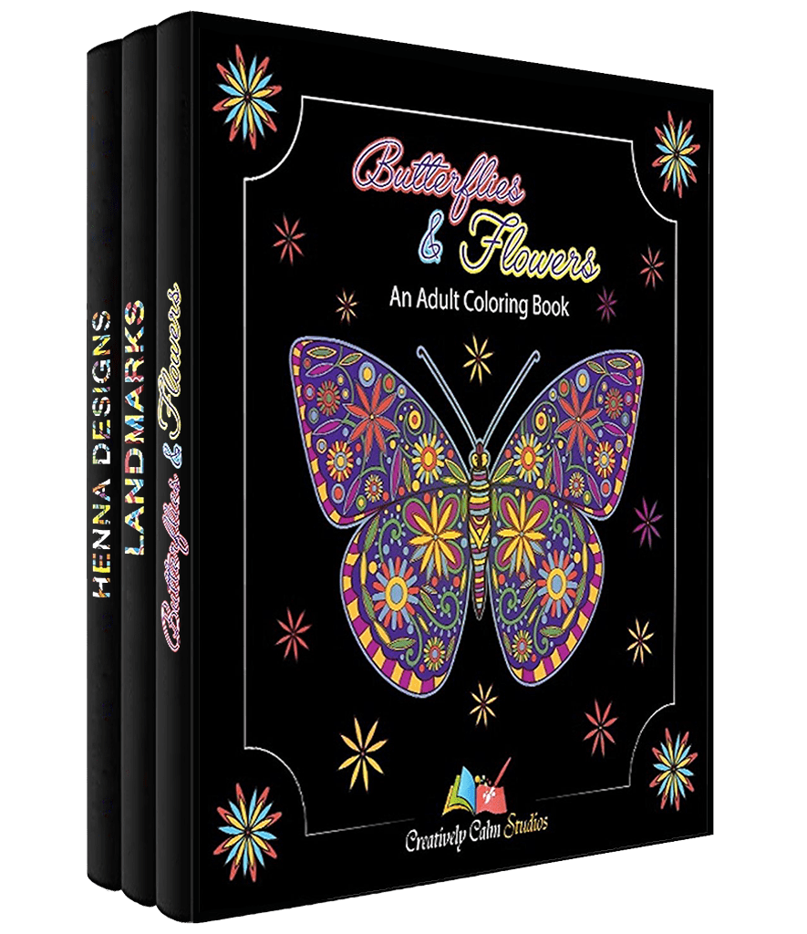 3 Book Set of Butterflies and Flowers, Henna, and Landmarks Adult Coloring Books